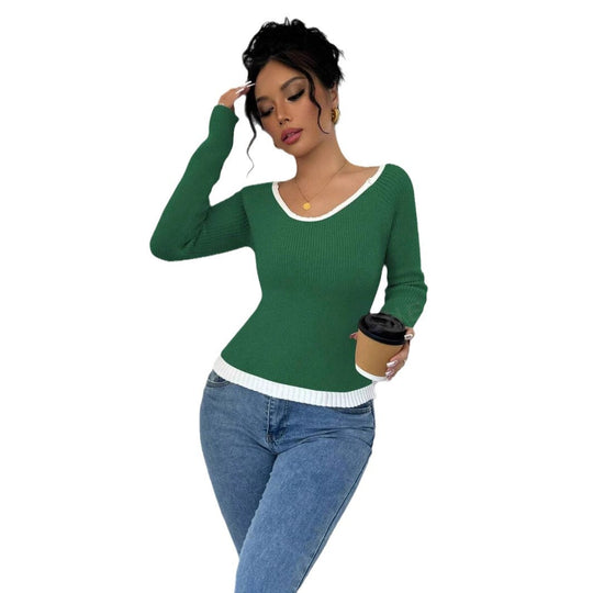 Damen modischer Pullover mit kontrastierendem Saum und tiefem V-Ausschnitt EB
