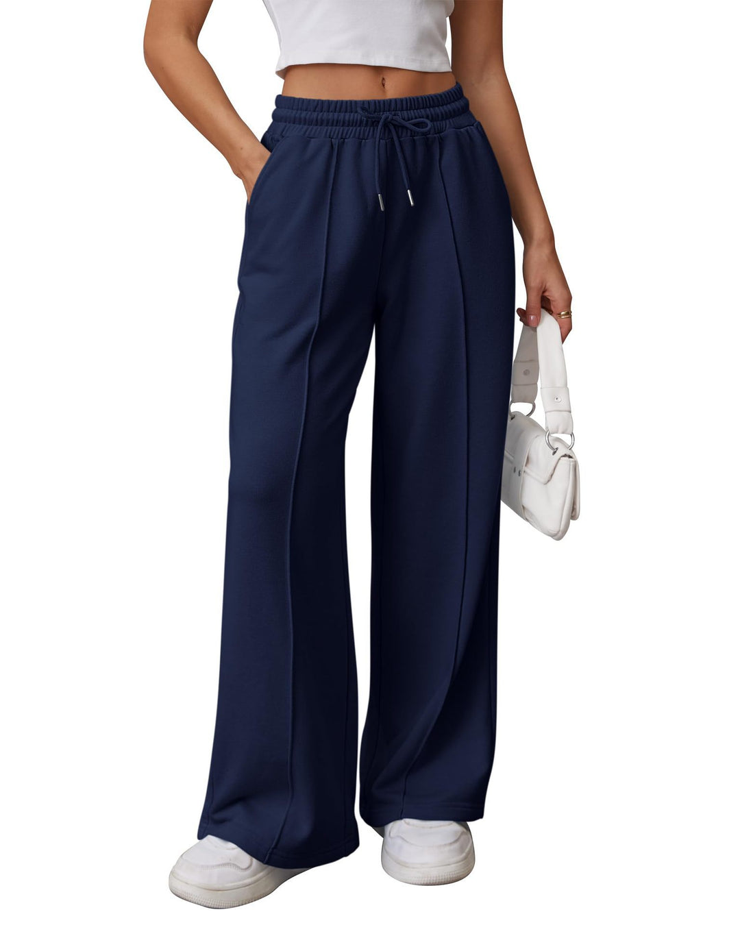 Damen nan High-Waist Relax-Freizeithose mit doppeltem Rippbund, sichtbarer Bügelfalte und weitem Bein EB
