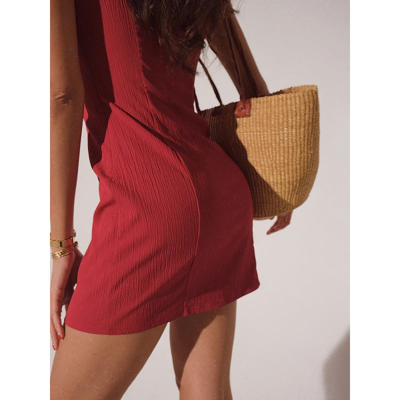 Damen Figurbetontes Minikleid mit elegantem V-Ausschnitt und Rippstruktur EB