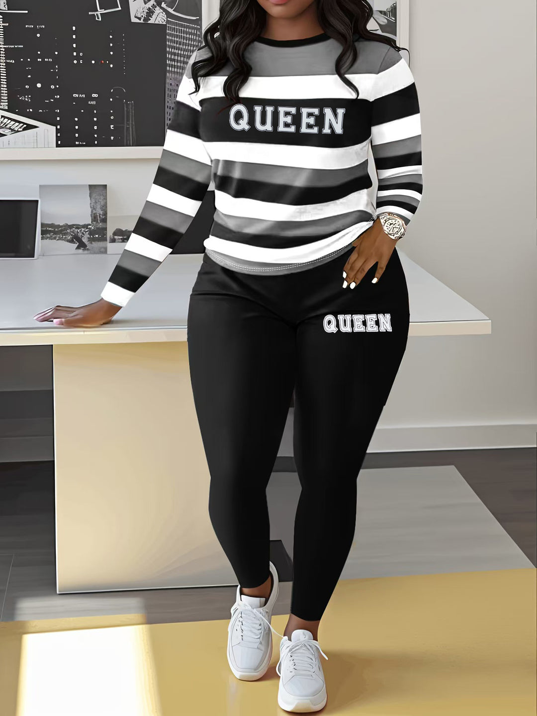 Damen Sportliches Zweiteiler-Set mit gestreiftem Oberteil und leggings EB