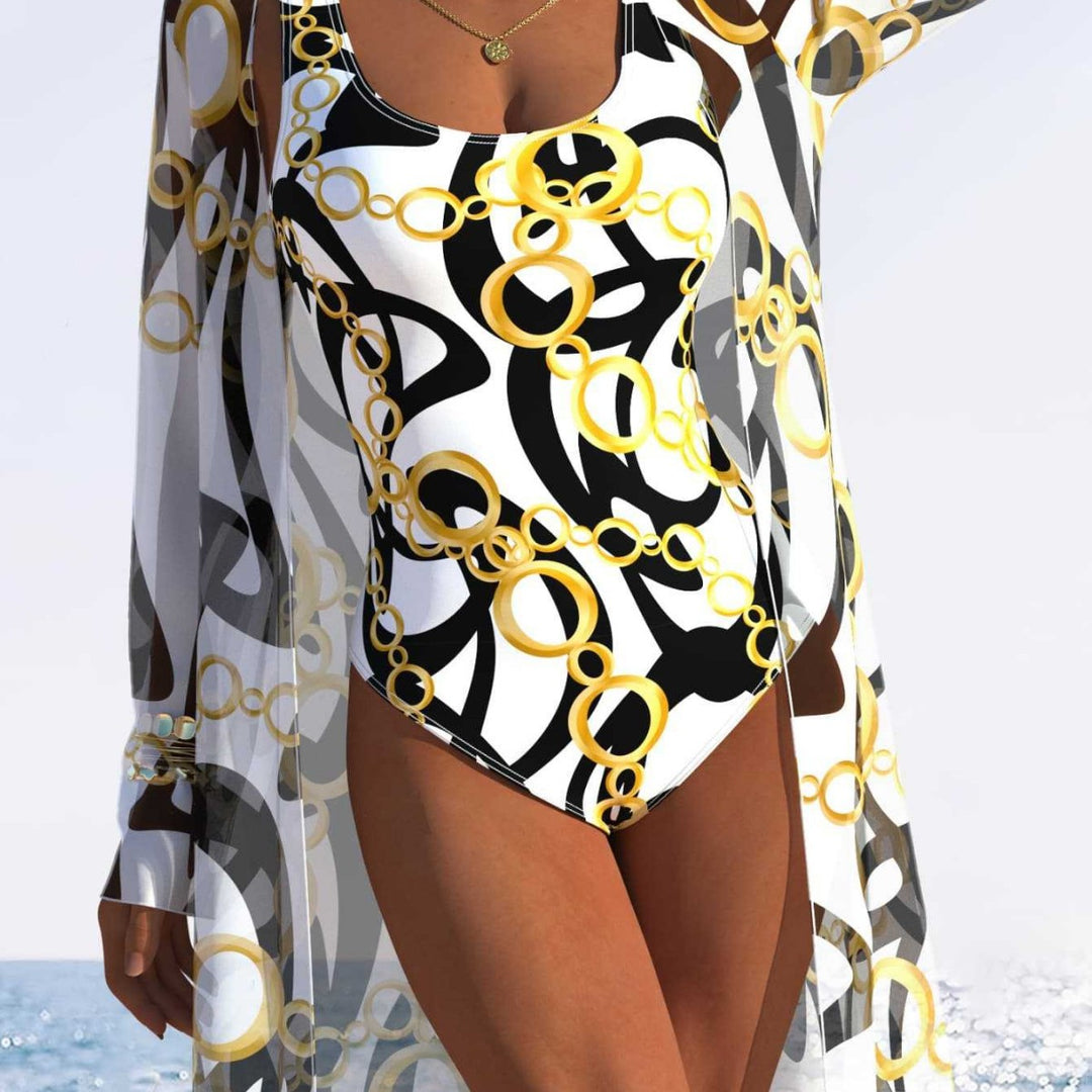 Damen eleganter Einteiler Badeanzug mit transparentem Überwurf und modernem Ringdesign EB