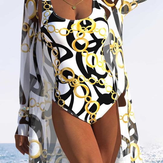 Damen eleganter Einteiler Badeanzug mit transparentem Überwurf und modernem Ringdesign EB
