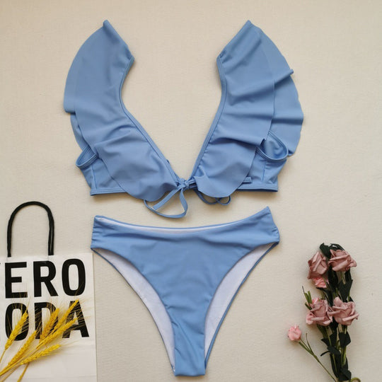 Damen Bikiniset mit Rüschen und Pflanzenmuster EB