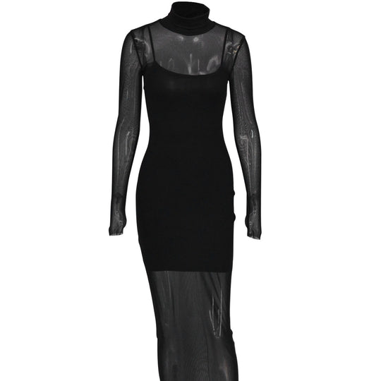 Damen figurbetontes Maxikleid mit langem Arm und elegantem Hochkragen EB