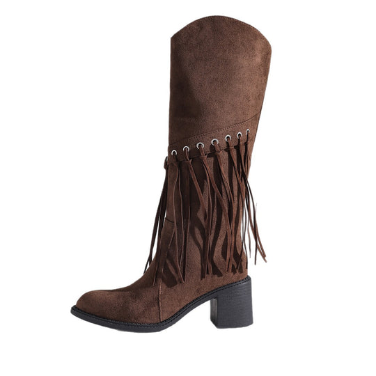Damen wadenhohe Fransen-Stiefel in Wildlederoptik mit Ösendetail und mittelhohem Blockabsatz EB