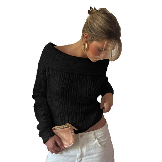 Damen nan Off-Shoulder Rippstrickpullover mit schmaler Silhouette und gerolltem Ausschnitt EB