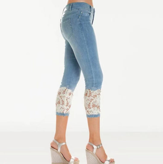 Damen Jeanshose mit Spitzenverzierung und figurbetontem Schnitt EB