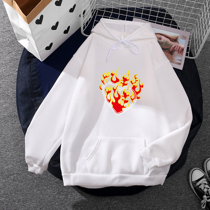 Damen nan leichter Oversize Kapuzenpullover mit Herz‑EKG‑Motiv, langen Kordeln und elastischem Bund EB