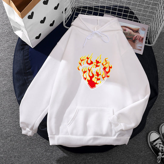 Damen nan leichter Oversize Kapuzenpullover mit Herz‑EKG‑Motiv, langen Kordeln und elastischem Bund EB