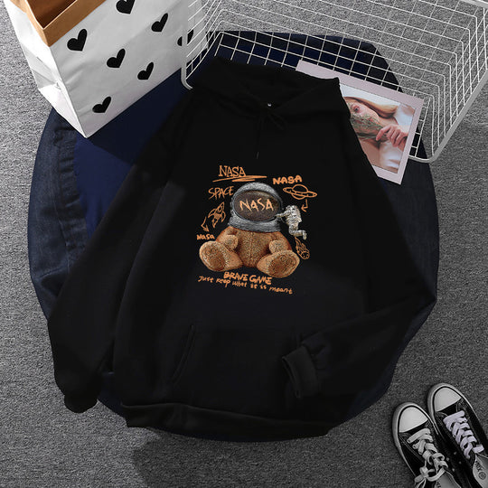 Damen nan lässiger Hoodie mit Astronauten‑Teddy‑Print, Kängurutasche und weichem Fleece-Innenfutter EB