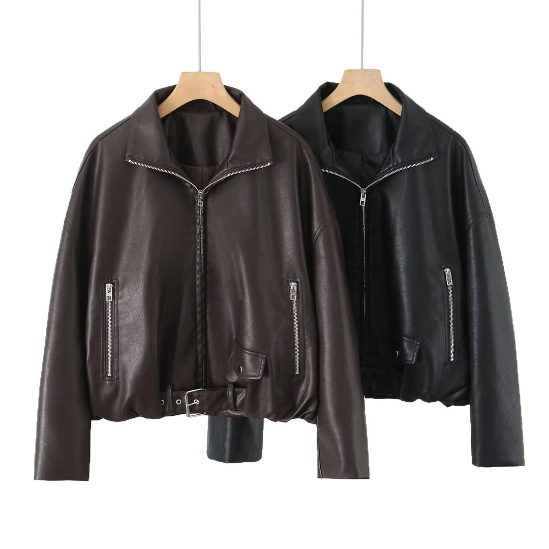 Damen Kunstlederjacke mit taillierbarem Gürtel und seitlichen Reißverschlusstaschen EB