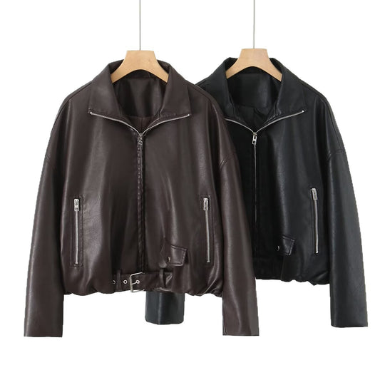 Damen Kunstlederjacke mit taillierbarem Gürtel und seitlichen Reißverschlusstaschen EB
