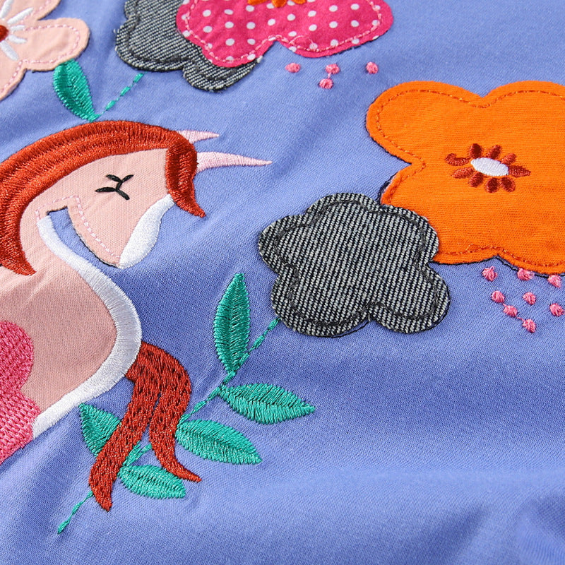 Mädchen Baumwoll-Kleid mit handgestickter Einhorn-Applikation EB