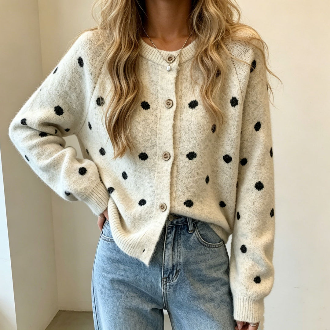 Damen Gepunkteter Mohair‑Optik Button‑Cardigan mit Rundhalsausschnitt EB