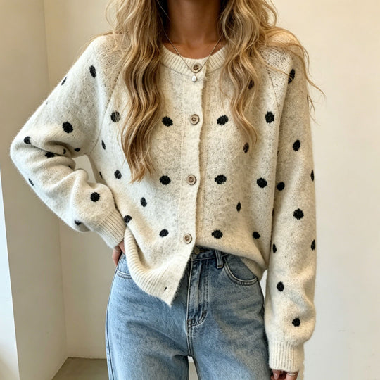 Damen Gepunkteter Mohair‑Optik Button‑Cardigan mit Rundhalsausschnitt EB