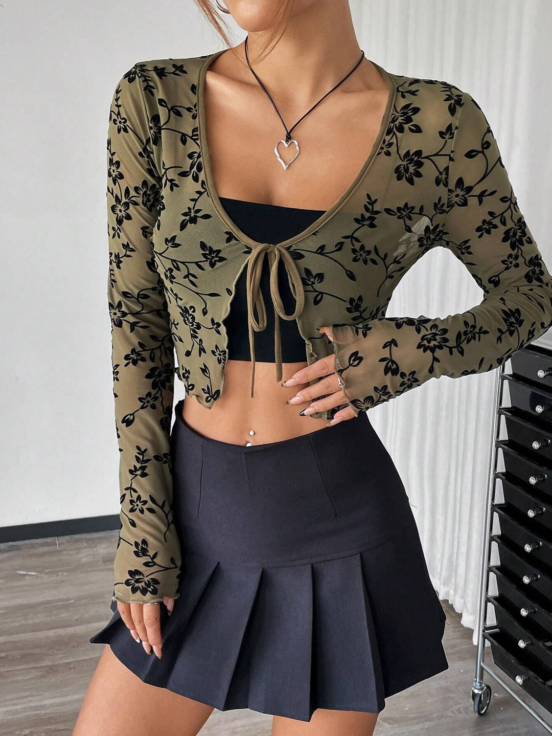 Damen Transparente Spitzenjacke mit Bindeband EB