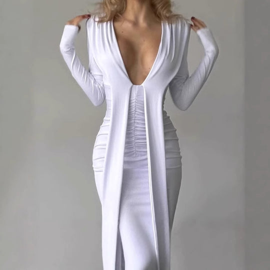 Damen Figurumspielendes Kleid mit tiefem V-Ausschnitt und raffinierten Rüschendetails EB