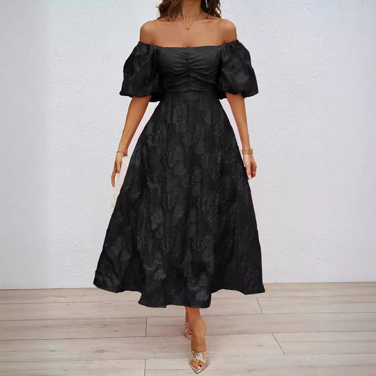 Damen Maxikleid mit schulterfreiem Design und voluminösen Puffärmeln EB