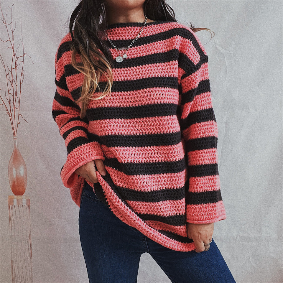 Damen lässiger gehäkelter Pullover mit modernen Blockstreifen EB