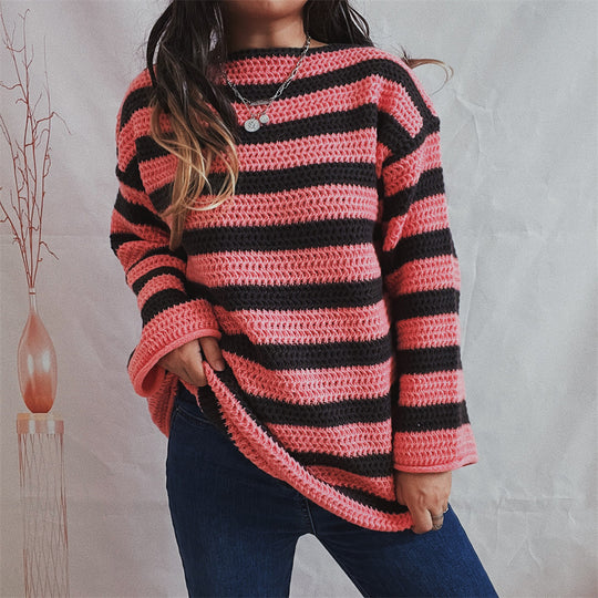 Damen lässiger gehäkelter Pullover mit modernen Blockstreifen EB