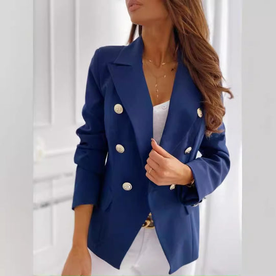 Damen nan Doppelreihiger Blazer mit Reverskragen, Strukturierter Passform und Zierknöpfen EB