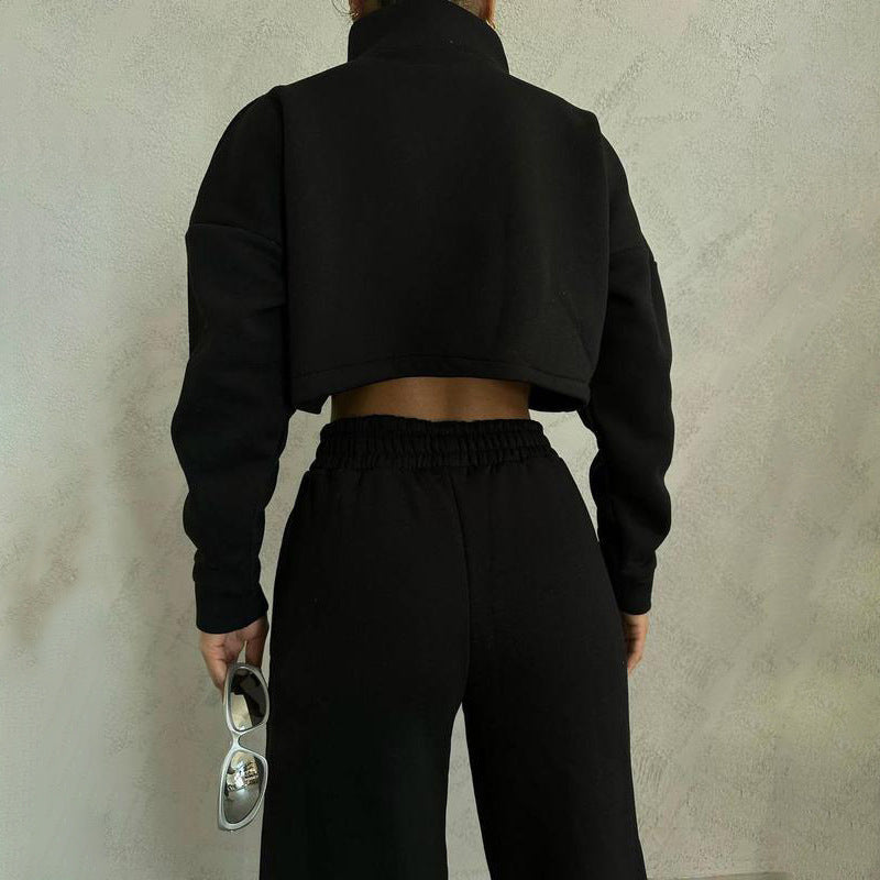 Damen nan kurzes Reißverschluss-Crop-Sweatshirt mit Stehkragen und hochtaillierter Jogginghose Set EB