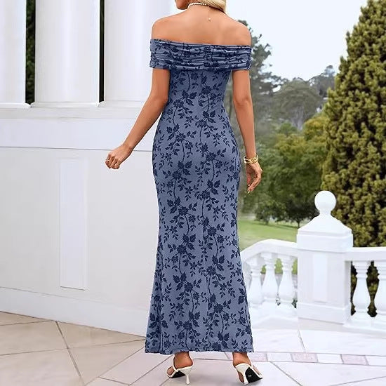 Damen elegantes Off-Shoulder Maxikleid mit floralem Muster und elastischem Einsatz EB