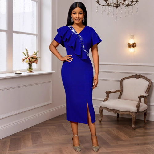 Damen elegantes, figurbetontes Kleid mit Rüschendetails und funkelndem Akzent EB