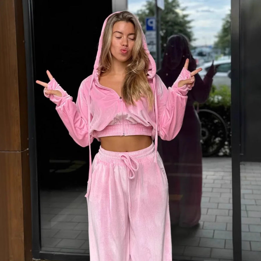 Damen Velours-Cropped-Hoodie und High-Waist Palazzo-Jogginghose Set EB