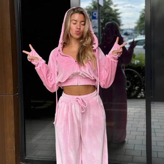 Damen Velours-Cropped-Hoodie und High-Waist Palazzo-Jogginghose Set EB