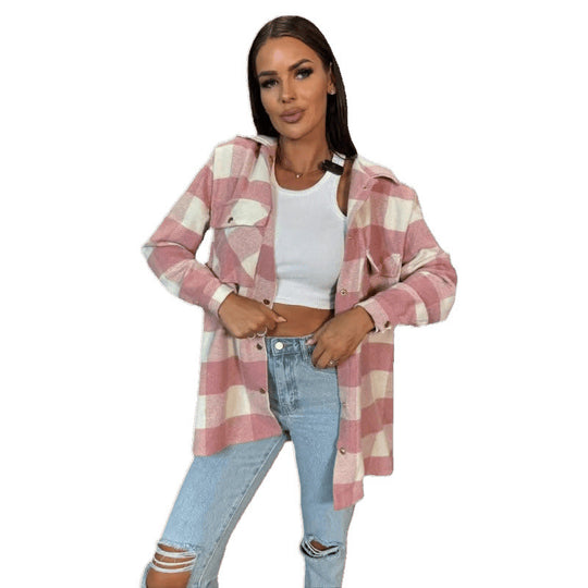 Damen Oversized Wüstenschaum Karomuster Flanellhemd EB