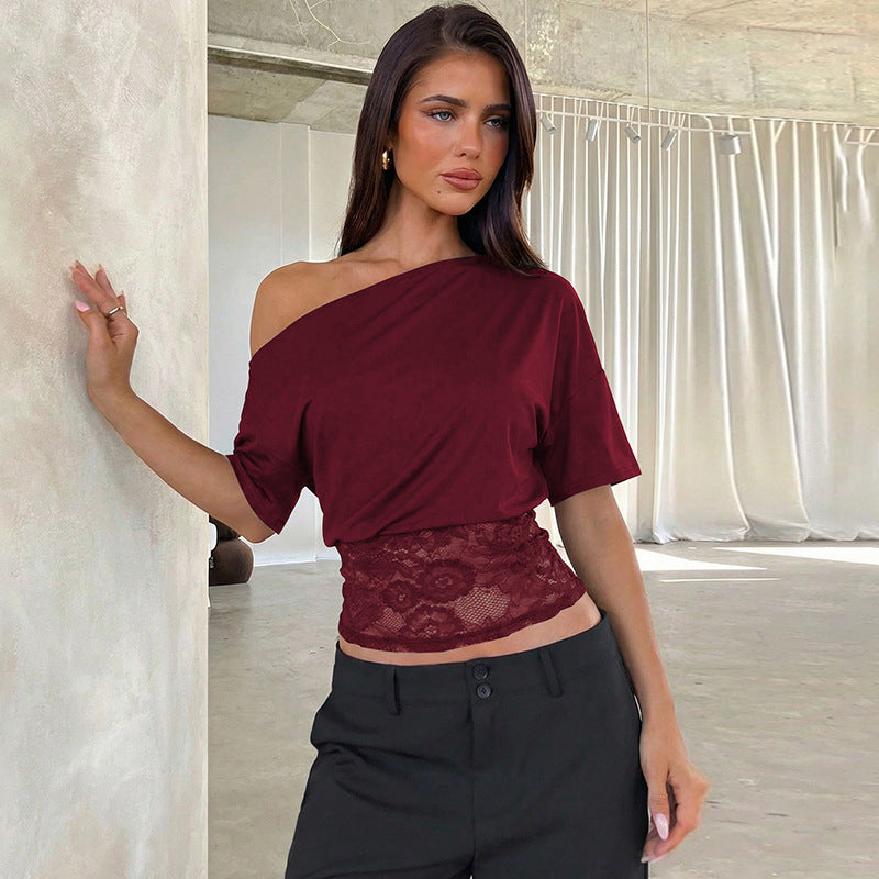 Damen Off-Shoulder Bluse mit Spitzenbund EB