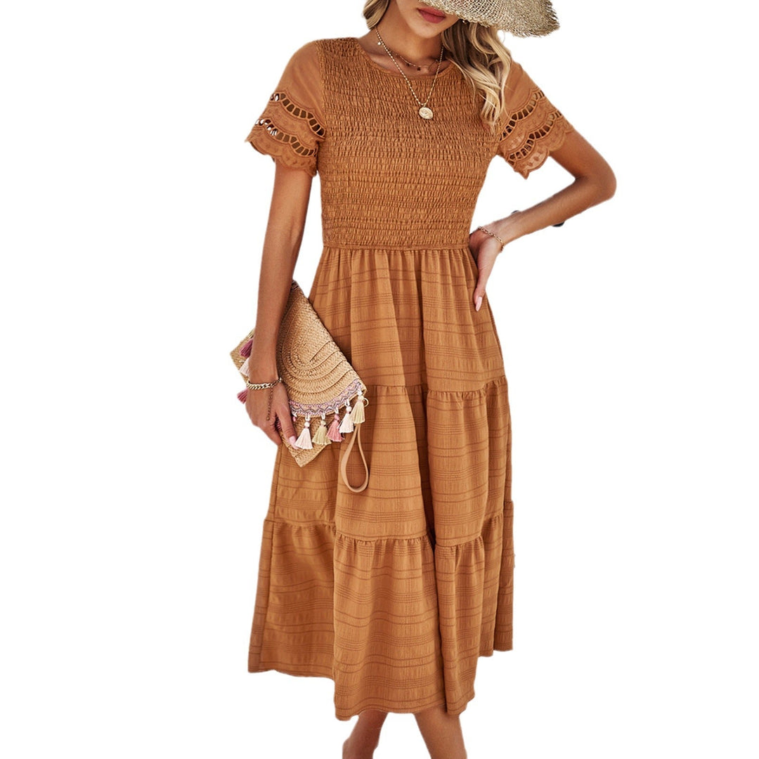 Damen Midikleid mit Puffärmeln und Elastischem Oberteil EB