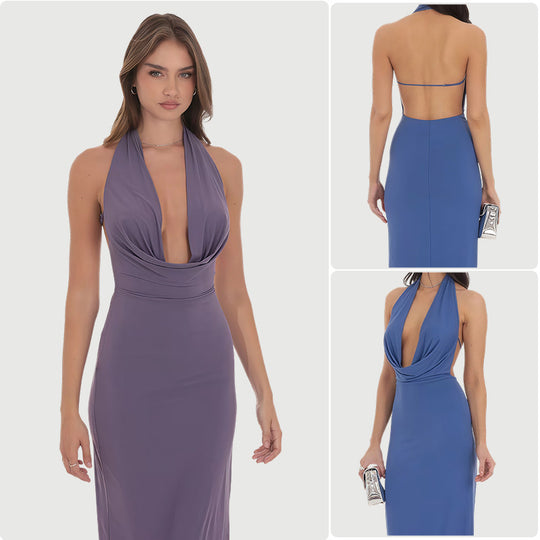 Damen Langarm-Elegant Kleid mit tiefem V-Ausschnitt und fließendem Saum EB