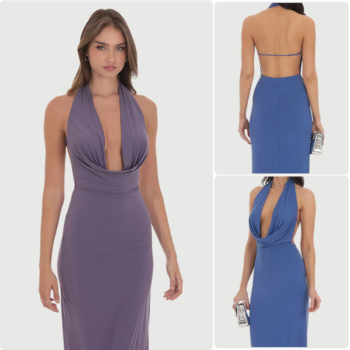 Damen Langarm-Elegant Kleid mit tiefem V-Ausschnitt und fließendem Saum EB