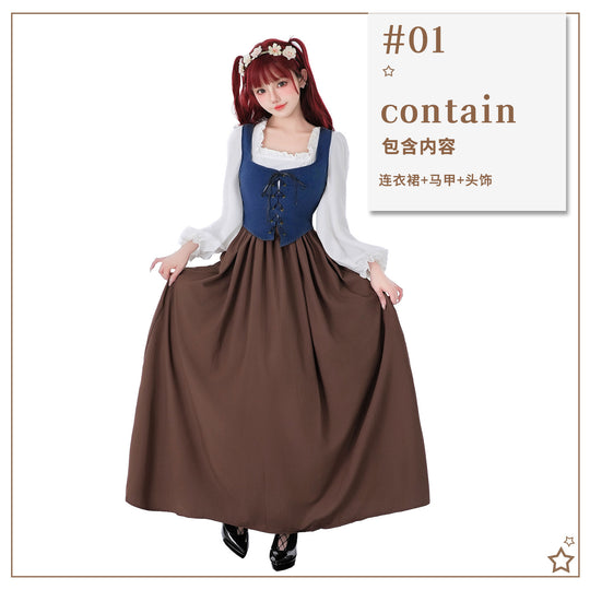 Damen nan mittelalterliches Dirndlkleid mit Schnürmieder, weiten Rüschenärmeln und bodenlangem Rock EB