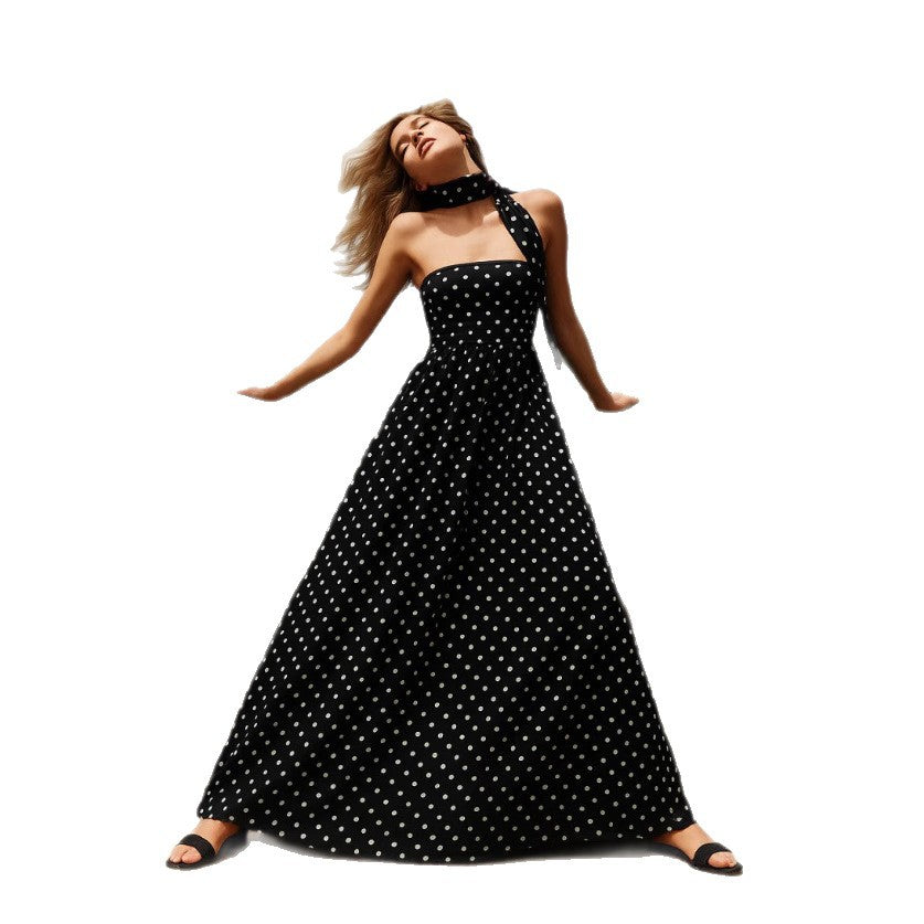 Damen nan bodenlanges Miederkleid mit Pünktchenmuster, weitem Tellerrock und fixiertem Halstuch EB