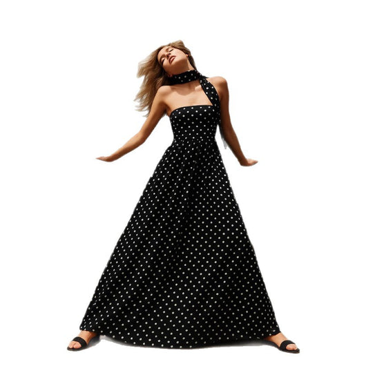 Damen nan bodenlanges Miederkleid mit Pünktchenmuster, weitem Tellerrock und fixiertem Halstuch EB