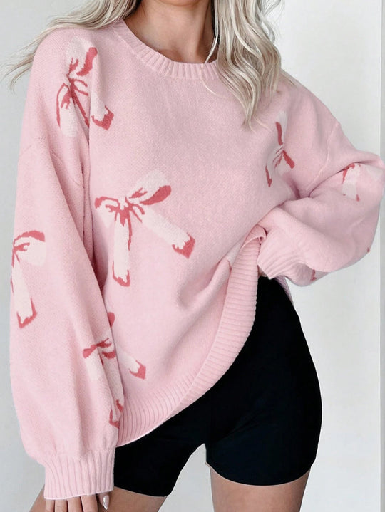EB | Pullover Übergröße Passform Wollstrick Jacquard Schleifenmuster Rundhals