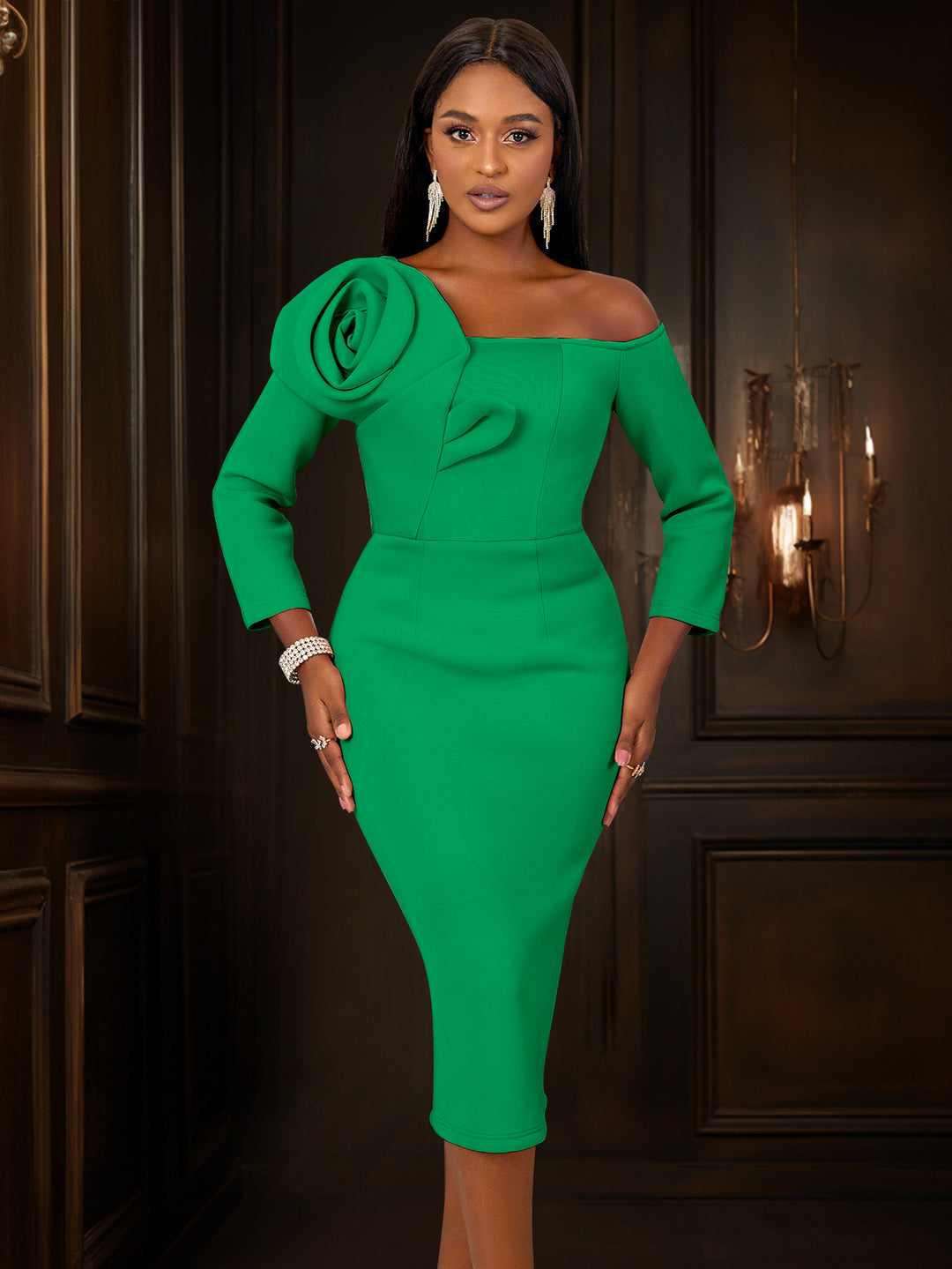 Damen figurbetontes Kleid mit asymmetrischem Rosendetail und langem Arm EB