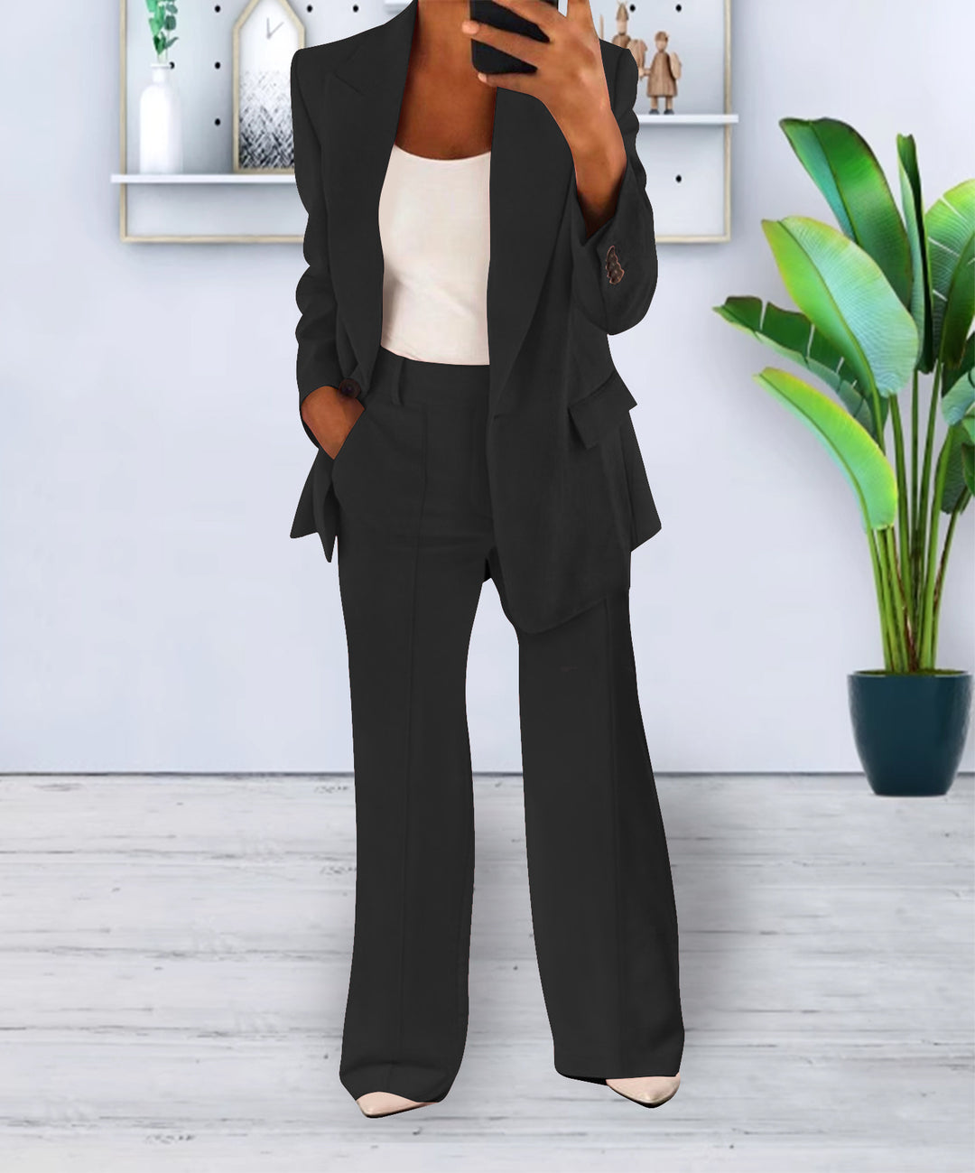 Damen Zweiteiliges Business-Casual Tailoring-Set mit Longline-Blazer und weitem Bundfalten-Hosenbein EB