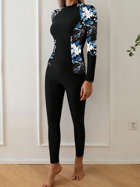 Damen Langarm Rashguard mit floralem Design EB