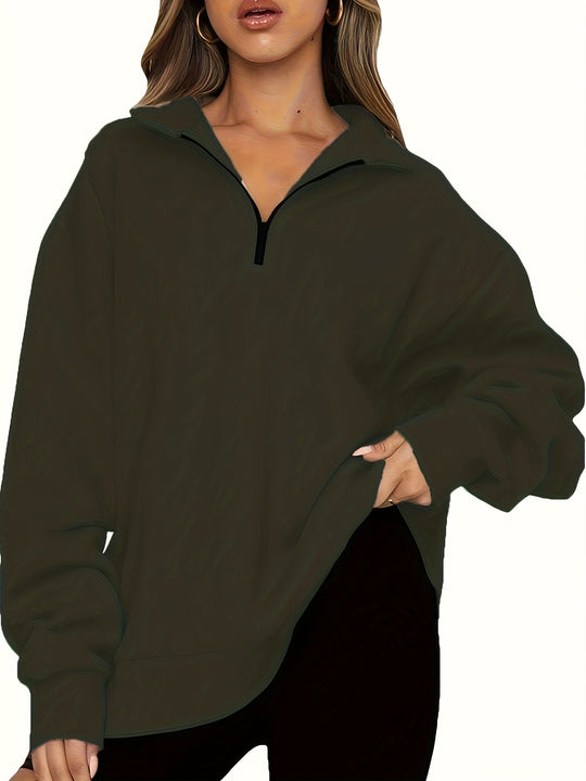 Damen nan Oversized Sweatshirt mit Kurzreißverschluss, Stehkragen und Kängurutasche EB