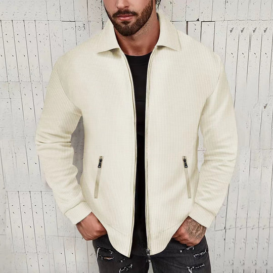 Herren nan minimalistische Stehkragen-Feinstrick-Übergangsjacke mit Zwei-Wege-Reißverschluss und verdeckten Reißverschlusstaschen EB