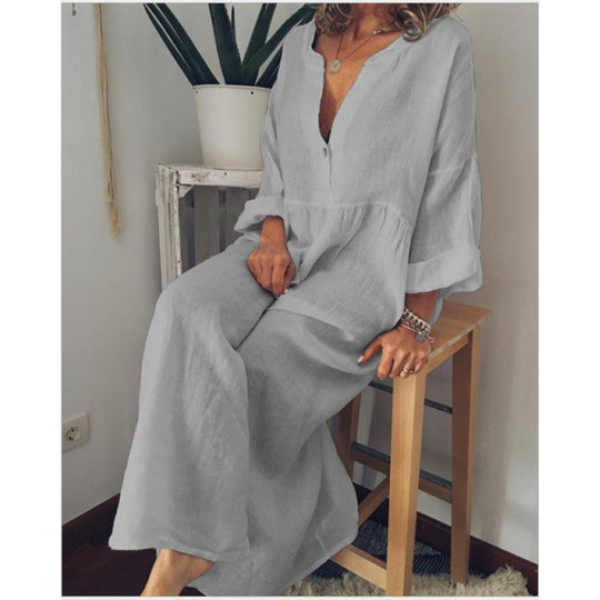 Damen Langes Leinen-Maxikleid mit V-Ausschnitt, geraffter Taille und 3/4-Ärmeln EB