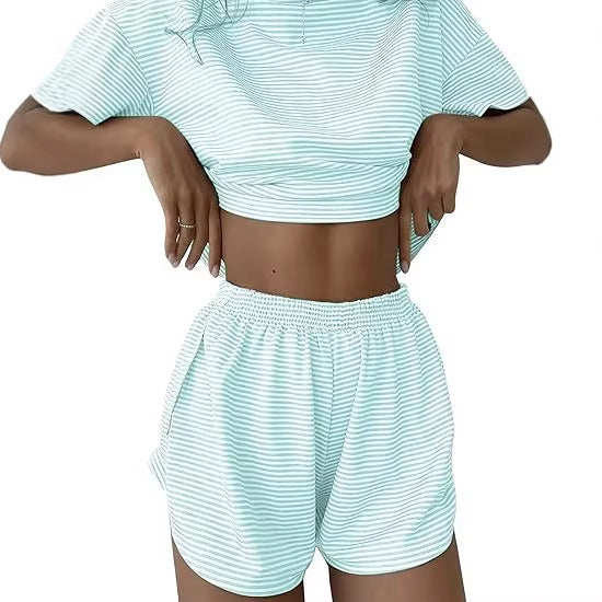 Damen lässiges Crop-Top und Short-Set mit gestreiftem Muster EB