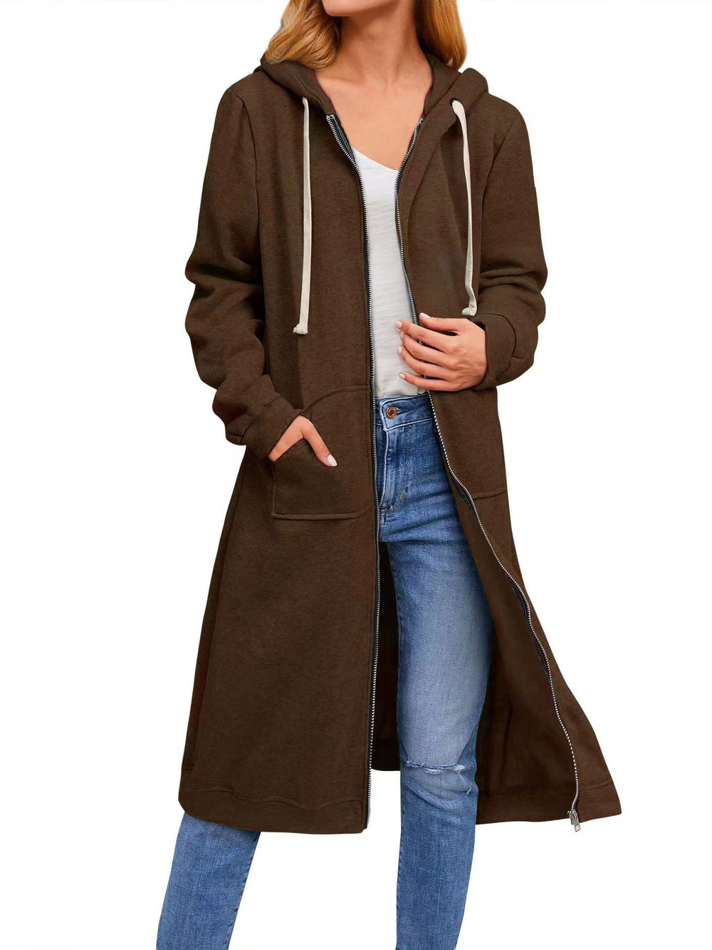 Damen Long Hoodie-Jacke aus bequemen Sweatmaterial mit Taschen EB