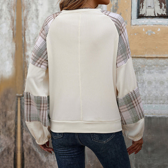 Damen Modischer Sweatpullover mit Karomuster und Rippstruktur EB