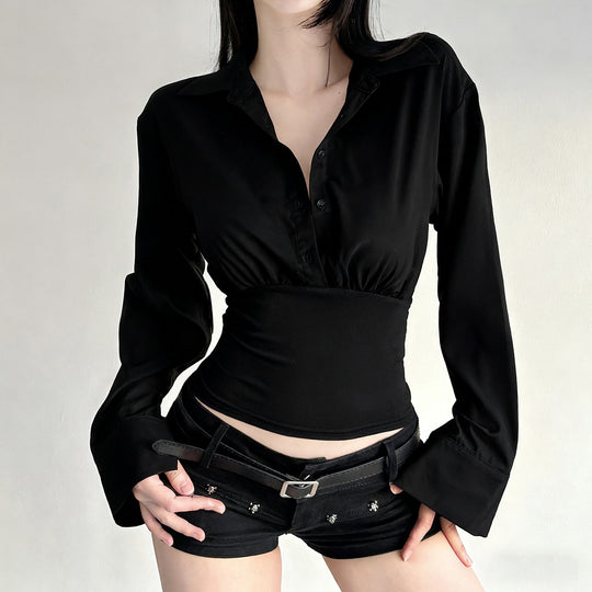 Damen nan taillierte Cropped-Bluse mit Hemdkragen und breitem Stretchbund EB