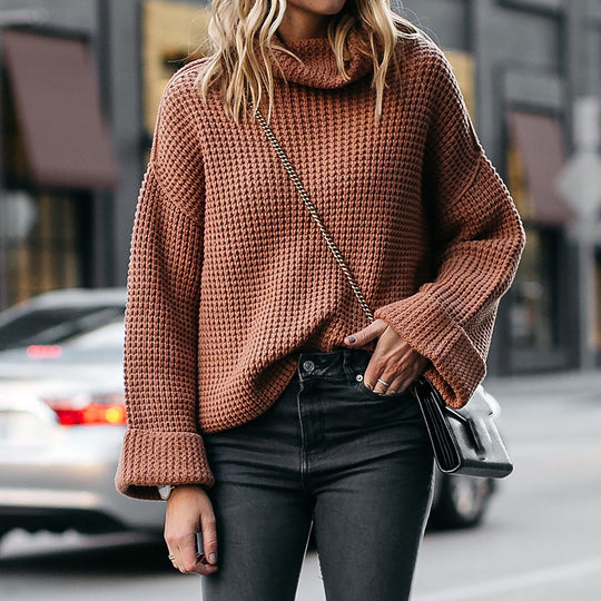 Damen Oversized Strickpullover mit hohem Kragen und strukturiertem Wabenmuster EB